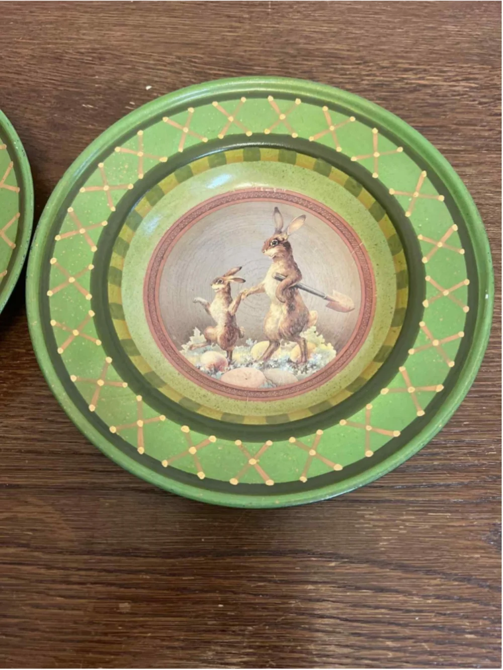 Katherines Collection Decorative Bunny Plates Set X2 Green Lattice Easter Spring